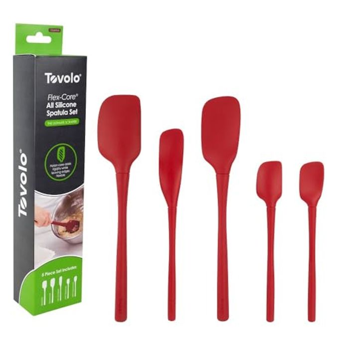 Tovolo Flex Core 5 Piece Silicone Spatula Set Heat Resistant All Silicone Utensils Include Non Stick Spatula Spoonula Jar Scraper, Dishwasher Safe BPA Free Spatulas for Baking Mixing, Cayenne Red
