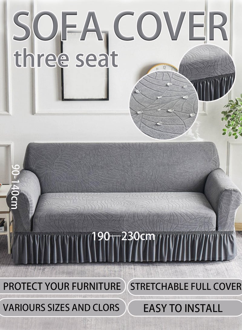 عربست غطاء كنب ثلاث مقاعد كنب بنمط أوراق الشجر مرن للغاية ومقاوم للماء والتجاعيد شامل غطاء كنبة مع تنورة غطاء كنبة جاكار مرن رائع ومرن باللون الرمادي الداكن 190-230 سم - Image 1