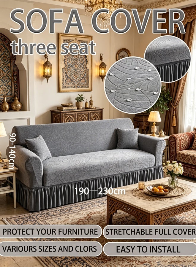 Arabest sofa cover 3 seater leaf pattern sofa cover super elastic waterproof and wrinkle resistant full wrap Couch Slipcover with skirt exquisite and delicate non-slip flexible jacquard Sofa Slipcover dark gray 190-230CM - Image 1