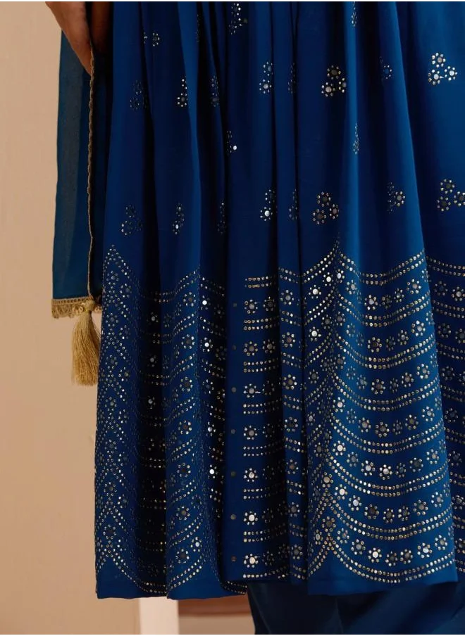 ISHIN Elastic Women Blue Georgette Kurta Set with Embroidered pattern Tunic and Palazzo features a Round neckline and Three-Fourth Sleeve secured with Elastic closure and styled in Straight Fit ideal for Festive moments — a must-have for your statement wardrobe.