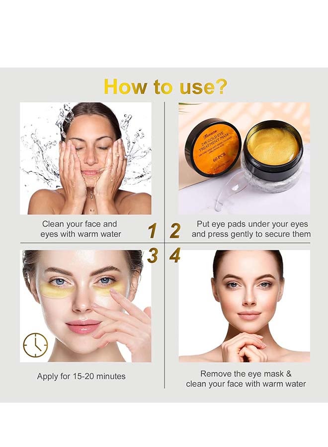 Fivewan 24k Gold Under Eye Patches - 60 Pieces Eye Mask Pure Gold Anti-Aging Collagen Hyaluronic Acid - Image 2
