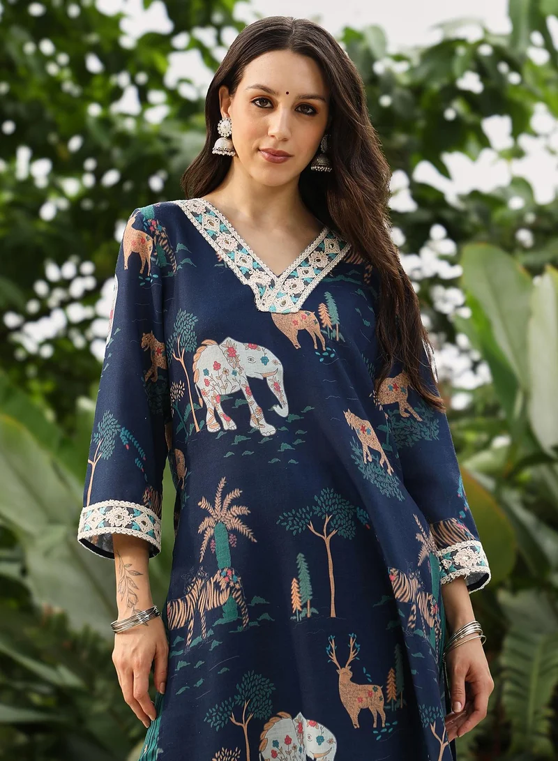 QISSA Women's Navy Blue Indie-Folk Kurta Set For Casual Wear | V-Neck | Quarter Regular Sleeves | 2 Piece Kurta Set Designed With Comfort Fit For Everyday Ethnic Wear