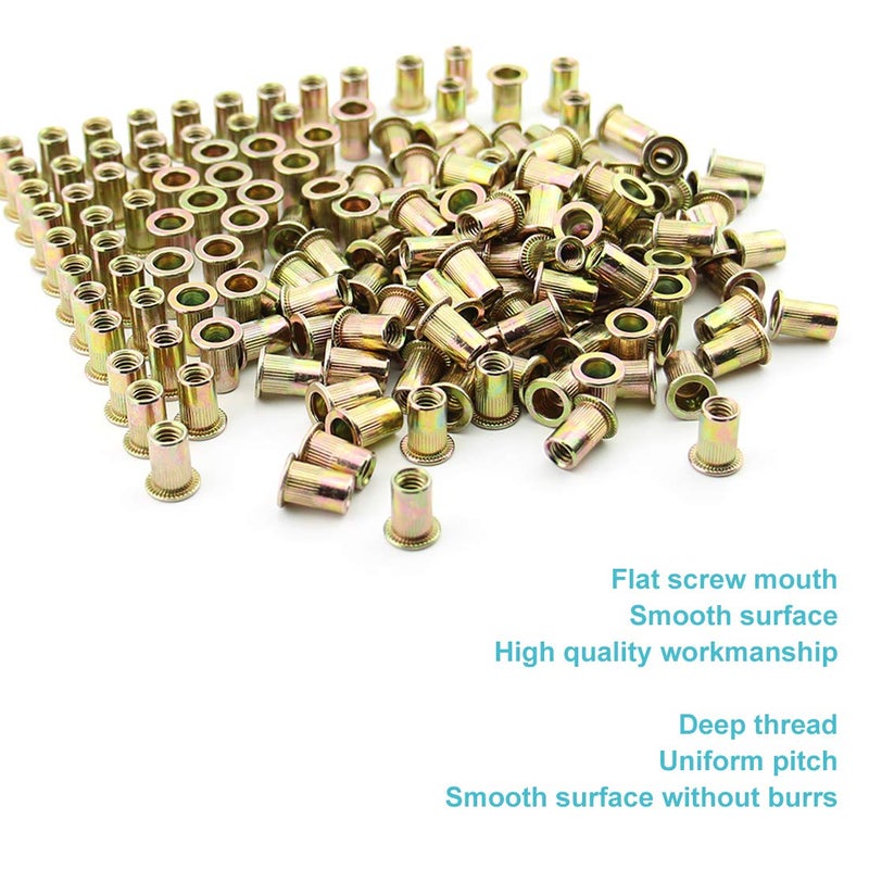 Xtozon 100Pcs 1/4"-20 UNC Rivet Nuts, Carbon Steel Zinc Plated Flat Head Knurled Body Threaded Insert Nuts (1/4-20 Rivnuts) - Image 3