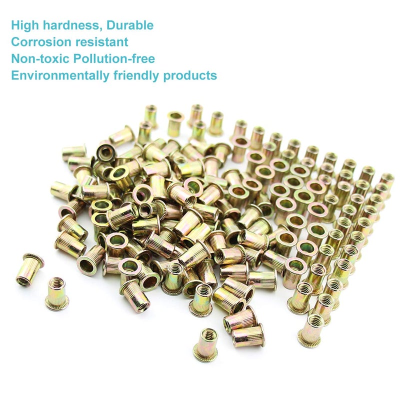 Xtozon 100Pcs 1/4"-20 UNC Rivet Nuts, Carbon Steel Zinc Plated Flat Head Knurled Body Threaded Insert Nuts (1/4-20 Rivnuts) - Image 4