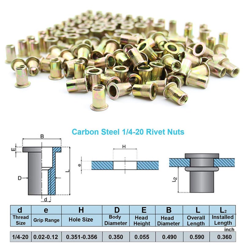 Xtozon 100Pcs 1/4"-20 UNC Rivet Nuts, Carbon Steel Zinc Plated Flat Head Knurled Body Threaded Insert Nuts (1/4-20 Rivnuts) - Image 2