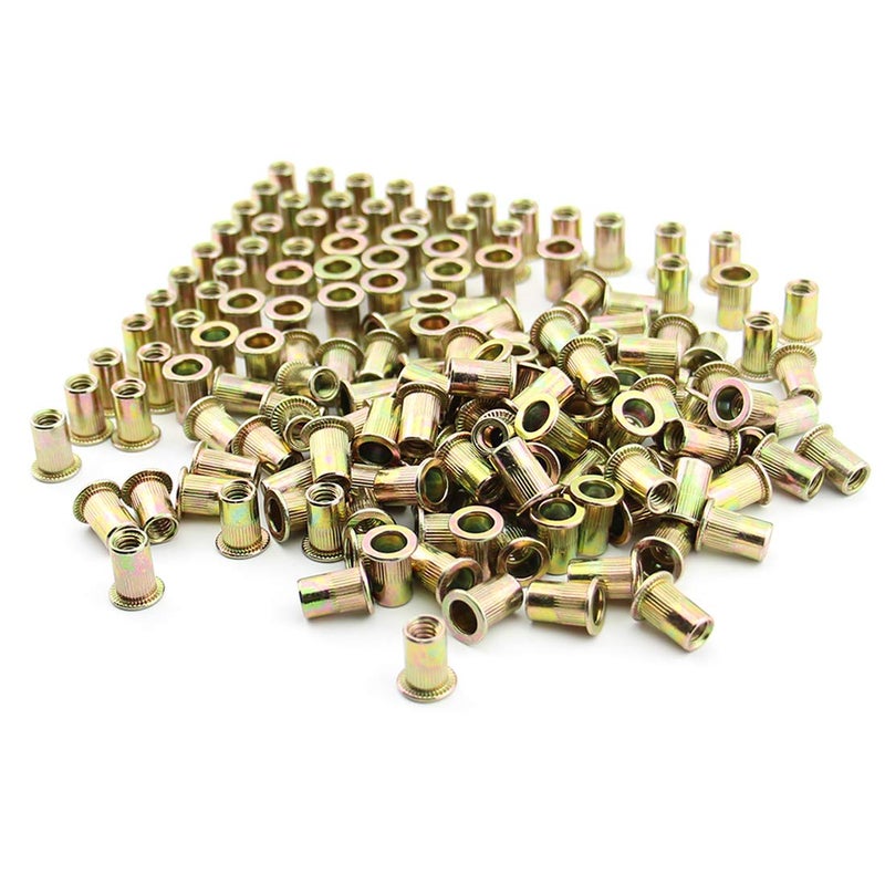 Xtozon 100Pcs 1/4"-20 UNC Rivet Nuts, Carbon Steel Zinc Plated Flat Head Knurled Body Threaded Insert Nuts (1/4-20 Rivnuts) - Image 1