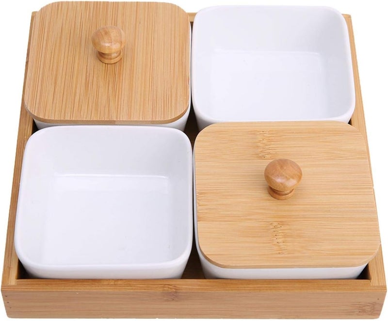 Raguso Ceramic Snack Serving Tray Compartment Serving Platter with Lid and Pallets Removable Container Food Storage for Appetizer Condiments Nuts4 grid - Image 5