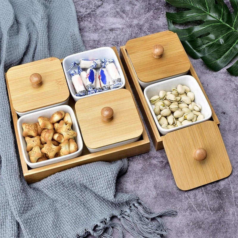 Raguso Ceramic Snack Serving Tray Compartment Serving Platter with Lid and Pallets Removable Container Food Storage for Appetizer Condiments Nuts4 grid - Image 4