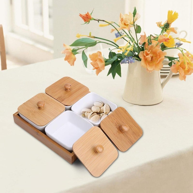 Raguso Ceramic Snack Serving Tray Compartment Serving Platter with Lid and Pallets Removable Container Food Storage for Appetizer Condiments Nuts4 grid - Image 3