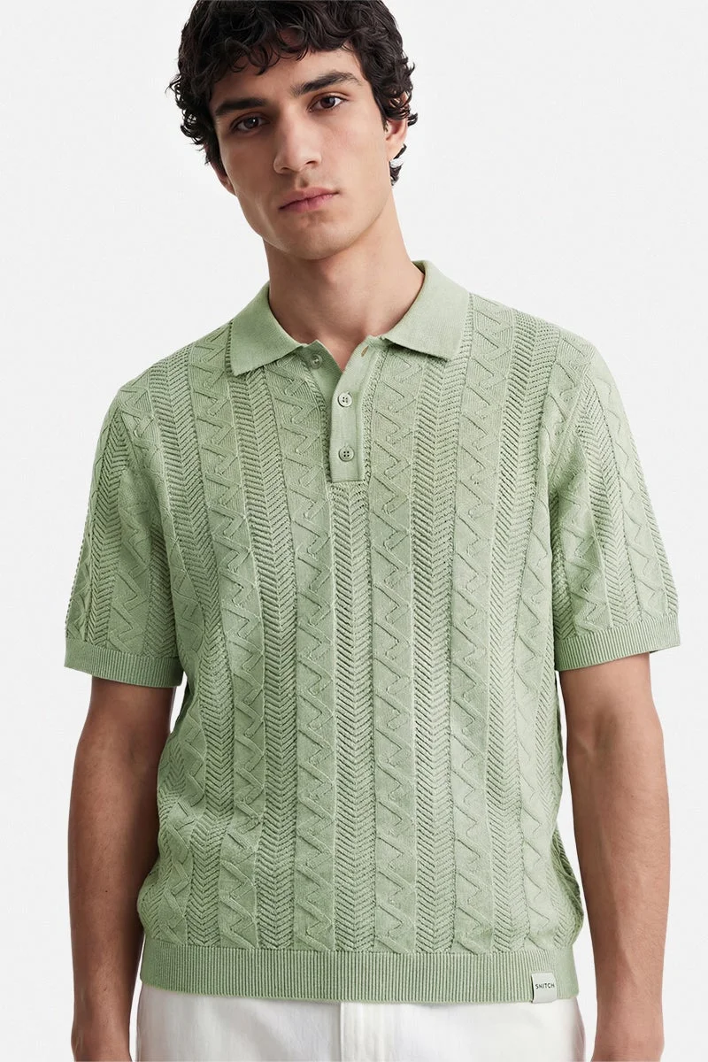 سنيتش Mint Textured Half Sleeve Regular Fit Casual T-Shirt