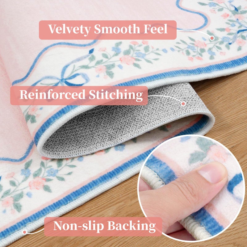 Seavish Pink Floral Rugs for Bedroom Girls, 5x7 Area Rugs for Living Room, Soft Washable Scalloped Nursery Rug, Boho Farmhouse Non-Slip Low Pile Carpet Rug for Kids Playroom Dining Room Office - Image 4