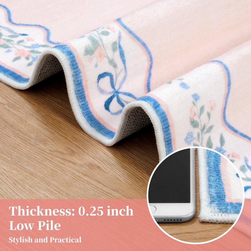Seavish Pink Floral Rugs for Bedroom Girls, 5x7 Area Rugs for Living Room, Soft Washable Scalloped Nursery Rug, Boho Farmhouse Non-Slip Low Pile Carpet Rug for Kids Playroom Dining Room Office - Image 5