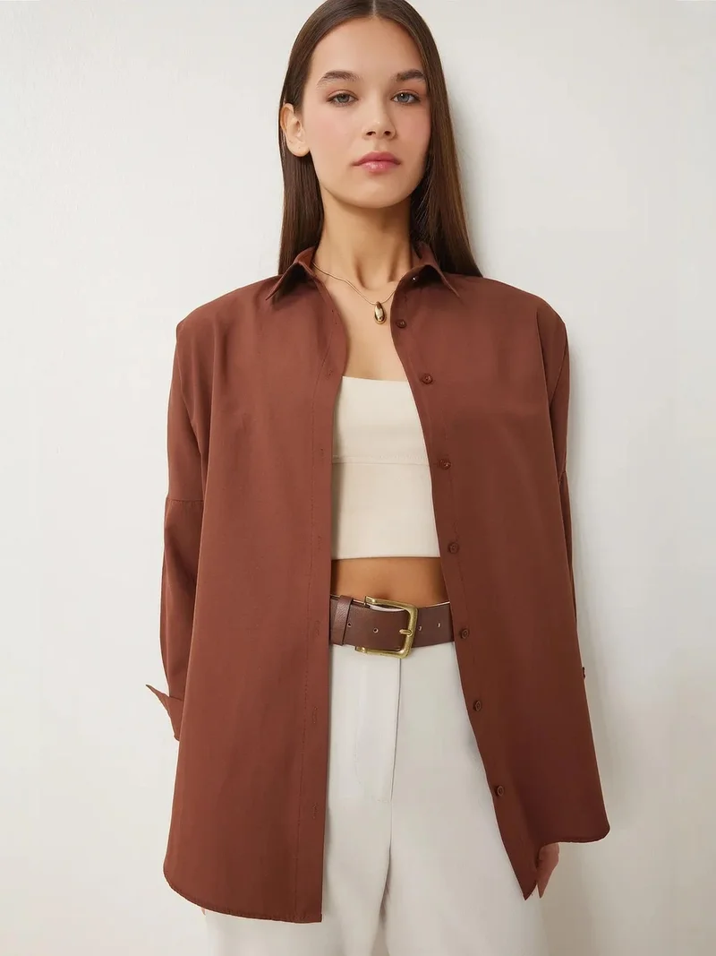 Happiness İstanbul ISTANBUL Oversized Poplin Button-Up Shirt with Long Sleeves