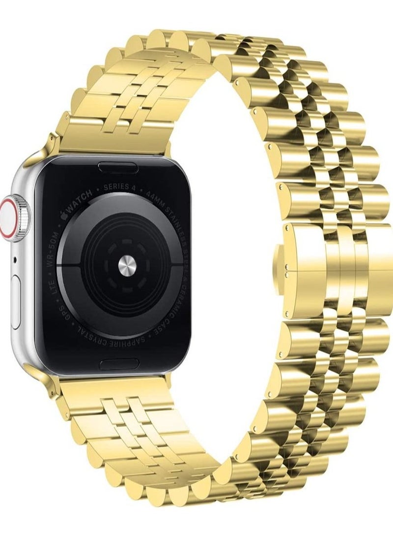 Compatible with Apple Watch Band 44mm 42mm 40mm 38mm Stainless Steel Heavy Band with Butterfly Folding Clasp Link Bracelet for iWatch Series 6/SE Series 5/4/3/2/1 Men Gold 44mm/42mm - Image 1