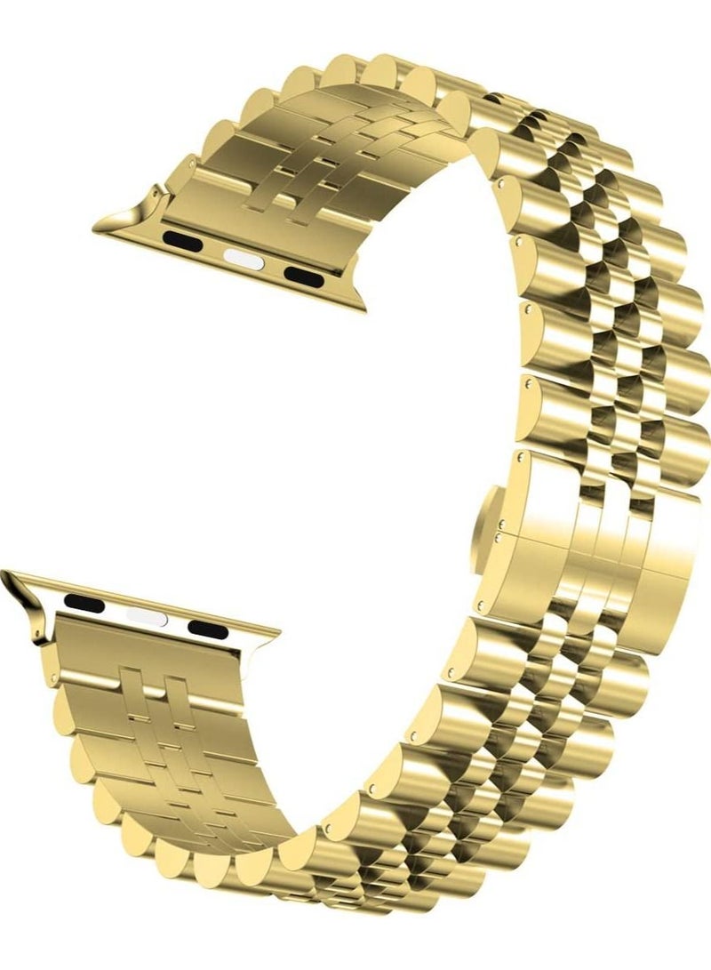 Compatible with Apple Watch Band 44mm 42mm 40mm 38mm Stainless Steel Heavy Band with Butterfly Folding Clasp Link Bracelet for iWatch Series 6/SE Series 5/4/3/2/1 Men Gold 44mm/42mm - Image 2