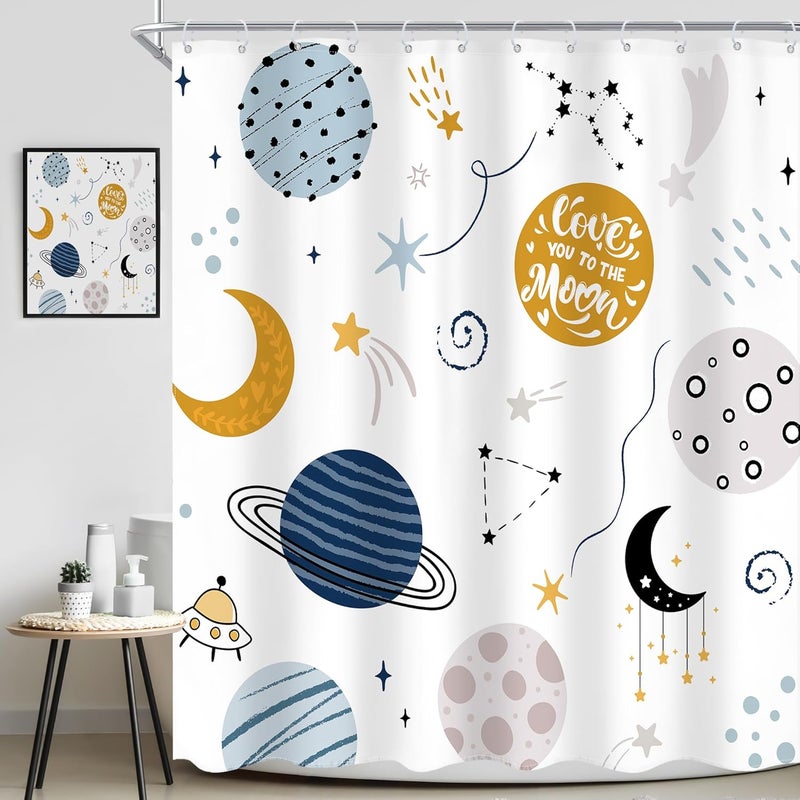 Ufeela Kids Boys Shower Curtain - Cartoon Planet Cute Universe Galaxy Space Moon Kid Shower Bathroom Set Baby Print Cosmos for Boys Girls Kids Bath Curtain Accessories Decor 60Wx72L - Image 1