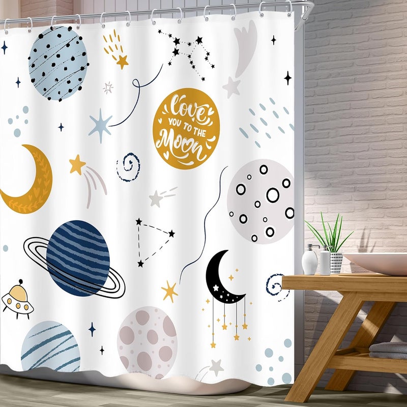Ufeela Kids Boys Shower Curtain - Cartoon Planet Cute Universe Galaxy Space Moon Kid Shower Bathroom Set Baby Print Cosmos for Boys Girls Kids Bath Curtain Accessories Decor 60Wx72L - Image 2
