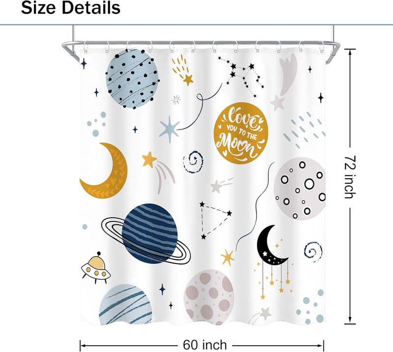 Ufeela Kids Boys Shower Curtain - Cartoon Planet Cute Universe Galaxy Space Moon Kid Shower Bathroom Set Baby Print Cosmos for Boys Girls Kids Bath Curtain Accessories Decor 60Wx72L - Image 5