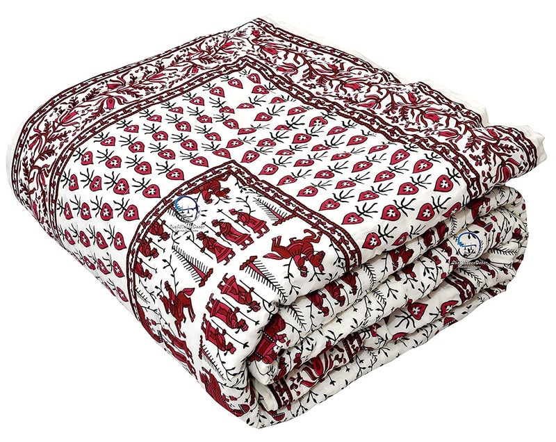 AUROSTYLE 400 TC Pure Cotton Double Bed Jaipuri Razai Baraat Printed Bed Blanket Ac Quilt for Winter and Summer Soft Light Weight Rajasthani Traditional Quilt Double Bed 85 x 100 Inch Design 1 - Image 1