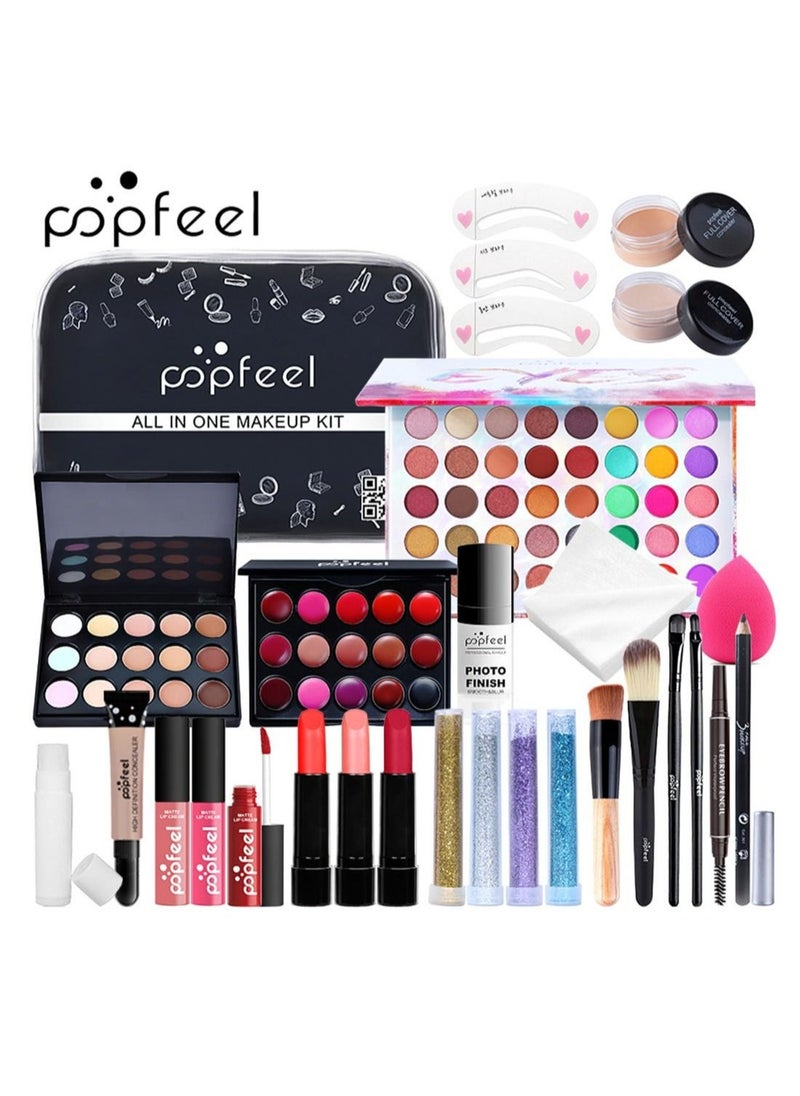 popfeel طقم مكياج شامل متعدد الاستخدامات مجموعة مكياج احترافية مصممة للنساء طقم مكياج كامل ضروري لمبتدئين ومحترفين 28 قطعة - Image 1