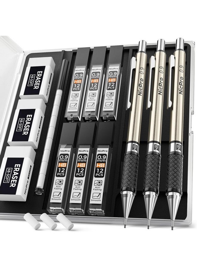 نيكبرو مجموعة أقلام رصاص ميكانيكية 0.9 مم مع علبة 3 قطع أقلام رصاص ميكانيكية معدنية مع 6 أنابيب Hb 2 عبوة رصاص 3 ممحاة 9 ممحاة عبوات قلم رصاص ميكانيكي فني 0.9 للفنانين الذين يكتبون رسم رسم - Image 1