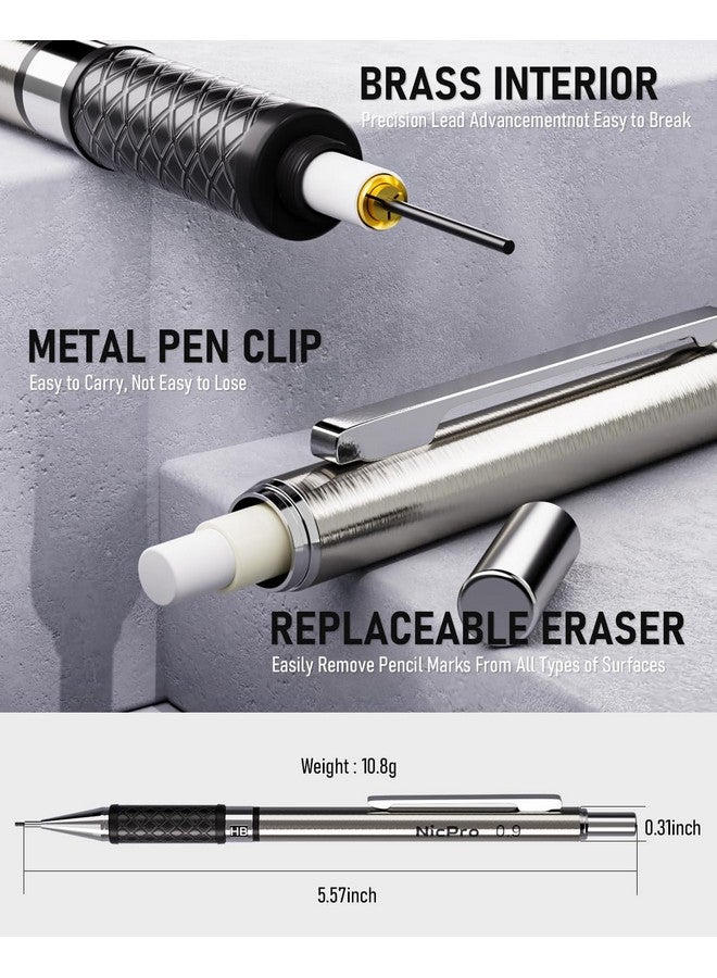 نيكبرو مجموعة أقلام رصاص ميكانيكية 0.9 مم مع علبة 3 قطع أقلام رصاص ميكانيكية معدنية مع 6 أنابيب Hb 2 عبوة رصاص 3 ممحاة 9 ممحاة عبوات قلم رصاص ميكانيكي فني 0.9 للفنانين الذين يكتبون رسم رسم - Image 5