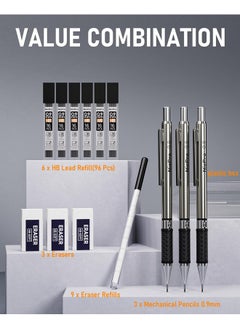 Nicpro 0.9 Mm Mechanical Pencil Set With Case 3Pcs Metal Mechanical Pencils With 6 Tubes Hb 2 Lead Refill 3Erasers 9Eraser Refills Art Mechanical Pencil 0.9 For Artist Writing Drawing Sketching  - Image 2