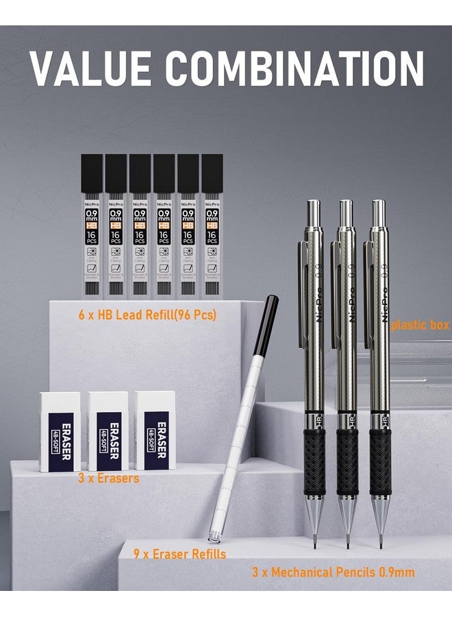 نيكبرو مجموعة أقلام رصاص ميكانيكية 0.9 مم مع علبة 3 قطع أقلام رصاص ميكانيكية معدنية مع 6 أنابيب Hb 2 عبوة رصاص 3 ممحاة 9 ممحاة عبوات قلم رصاص ميكانيكي فني 0.9 للفنانين الذين يكتبون رسم رسم - Image 2
