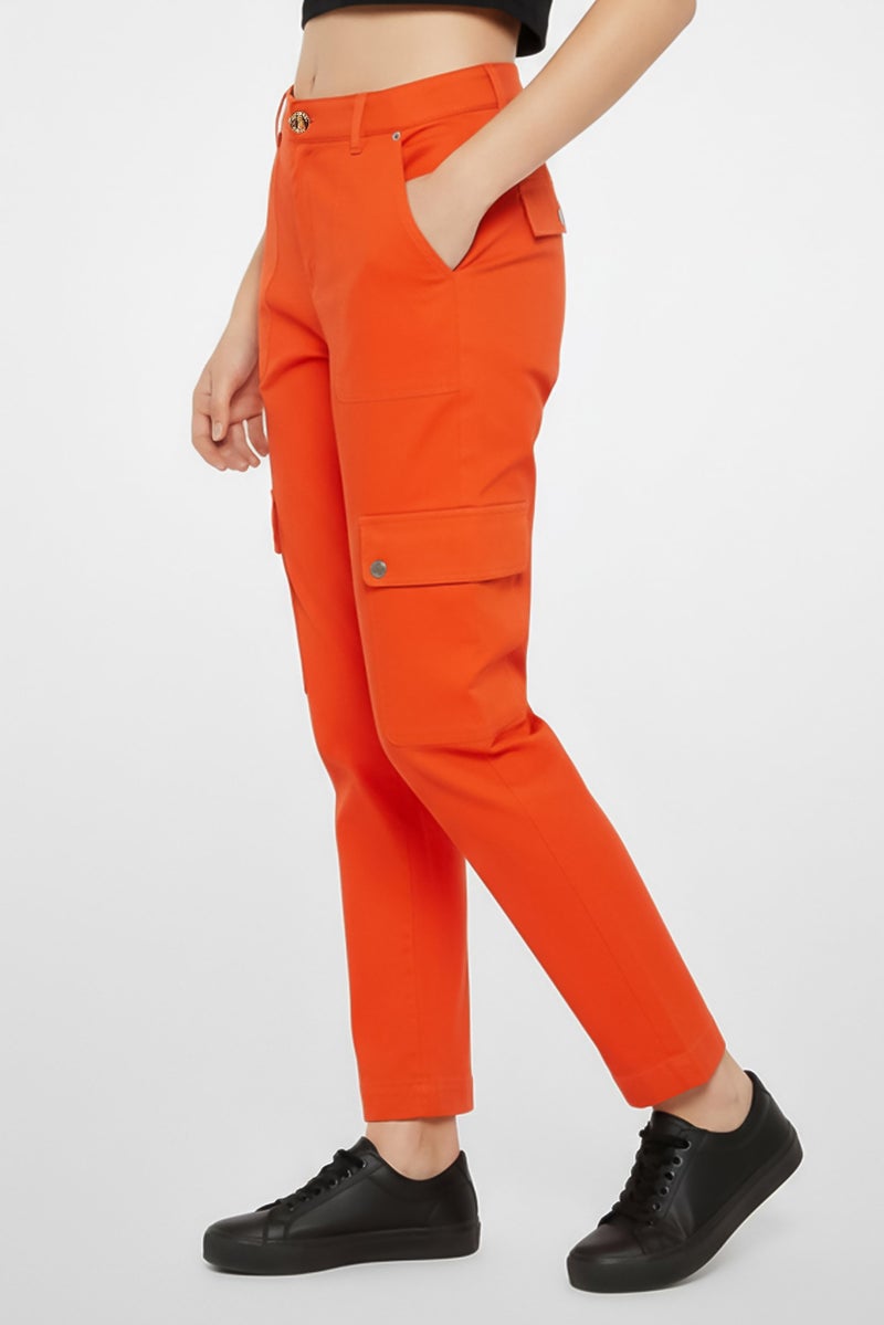 Michael Kors Women Regular Fit Solid Cargo Pants, Orange - Image 3