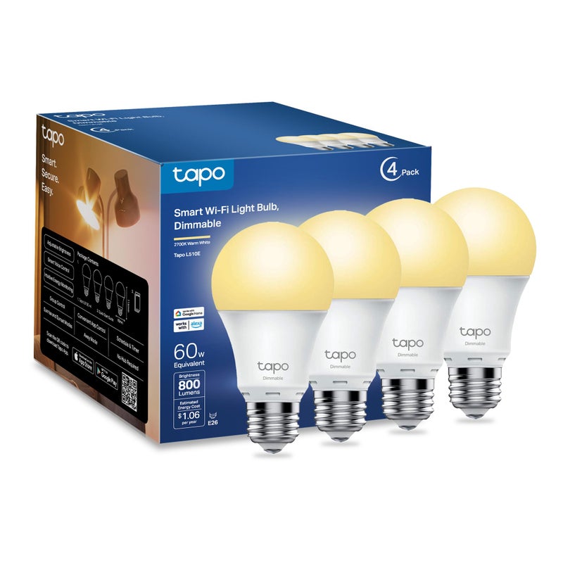tapo TP-Link Tapo Smart Light Bulbs, 800 Lumens (60W Equivalent), 2700K Soft Warm White LED Bulb, Dimmable, Compatible with Alexa and Google Home, No Hub Required, A19 E26, Tapo L510E (4-Pack) - Image 1