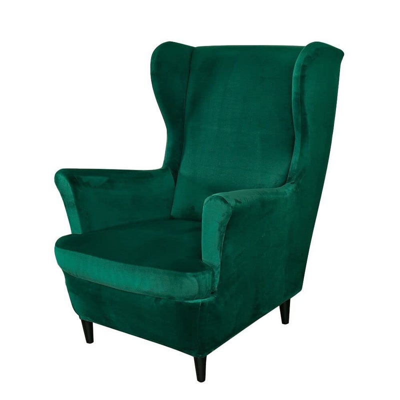 OBCREAT Wingback Chair Covers2 Piece Stretch Velvet Wingback Chair Slipcover Soft Wing Chair Sofa Covers with Elastic BottomArmchair Couch Cover Furniture Protector for Living Room Green