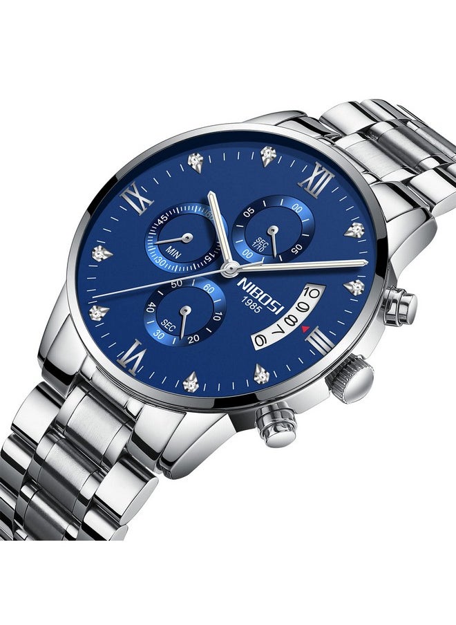 NIBOSI - NIBOSI Watches Fashion Analogue Simple Style Black Dial Alloy Strap Waterproof Stainless Steel Watches for Men Gentlemen Husband Boys with Birthday Gift (Silver Blue) - Image 1
