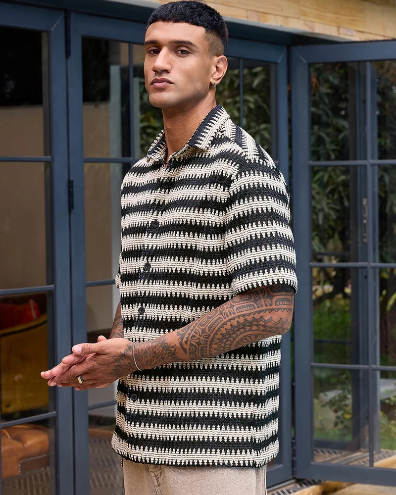 bewakoof Men's Black & Beige Textured Oversized Crochet Shirt