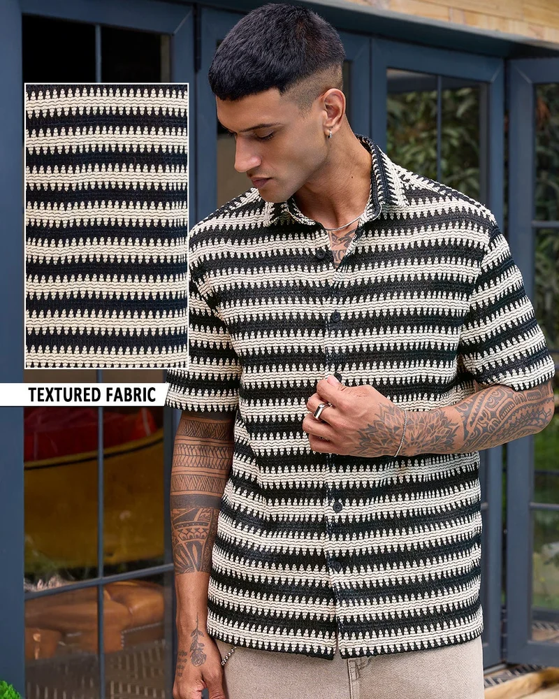 bewakoof Men's Black & Beige Textured Oversized Crochet Shirt