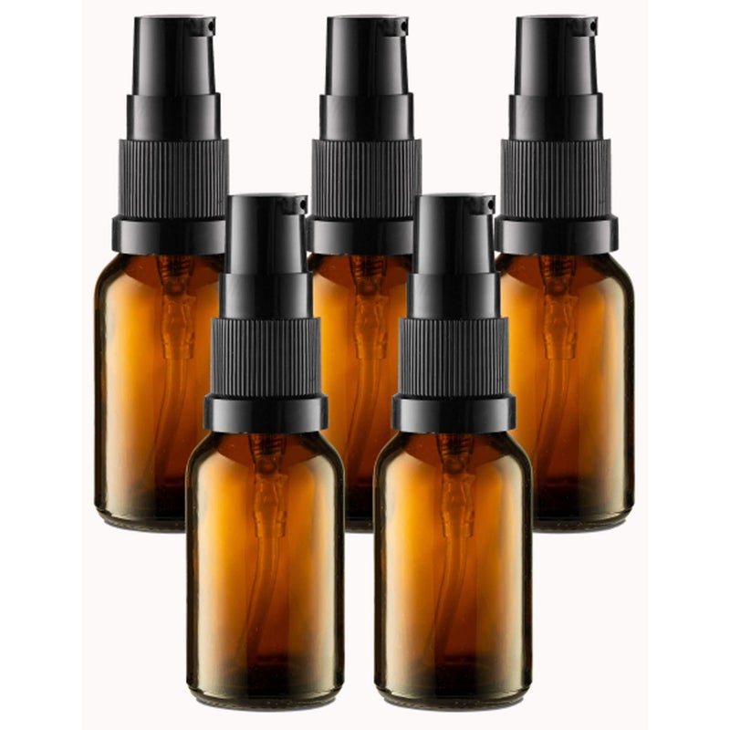 VitalUp 5 Pack Empty Refillable Glass Amber Pump Bottle Ideal for Lotion Cream Essential Oil Travel Small Container,15ml - Image 1