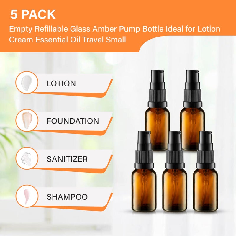VitalUp 5 Pack Empty Refillable Glass Amber Pump Bottle Ideal for Lotion Cream Essential Oil Travel Small Container,15ml - Image 3