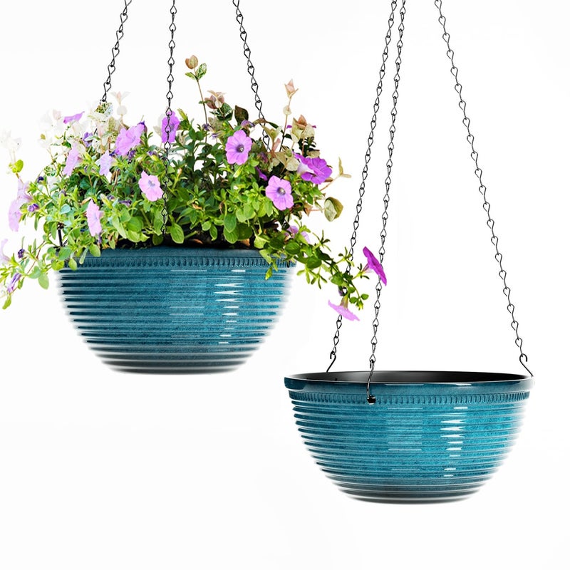 Vanslogreen 2 Pack Hanging Planters for Indoor Outdoor Plants, 10 Inch Hanging Planter with Drainage Hole & Plug Glazed Hanging Baskets Flower Pots for Garden Home (Blue) - Image 1