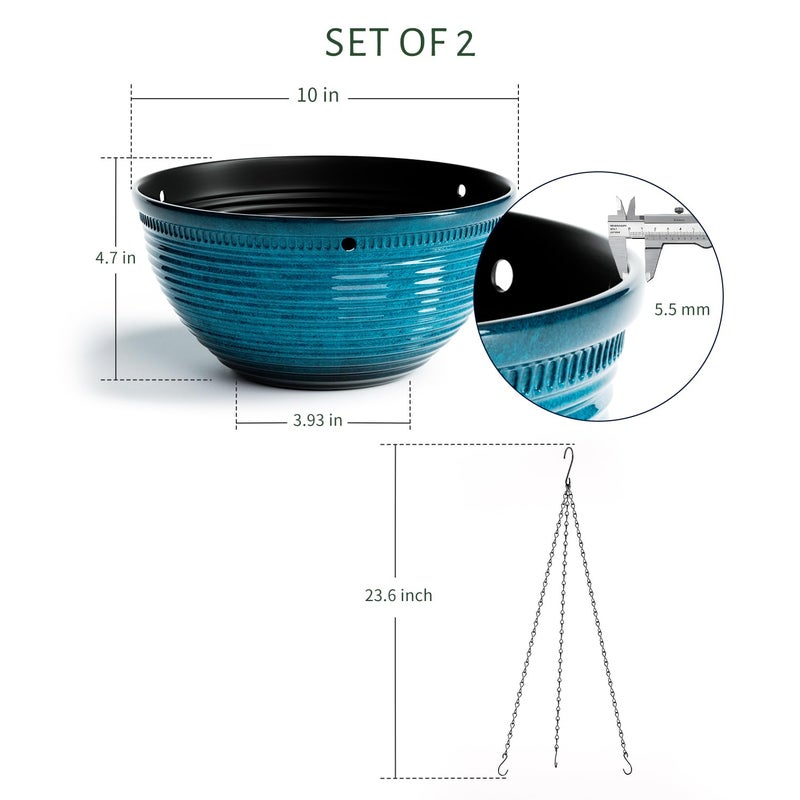 Vanslogreen 2 Pack Hanging Planters for Indoor Outdoor Plants, 10 Inch Hanging Planter with Drainage Hole & Plug Glazed Hanging Baskets Flower Pots for Garden Home (Blue) - Image 4