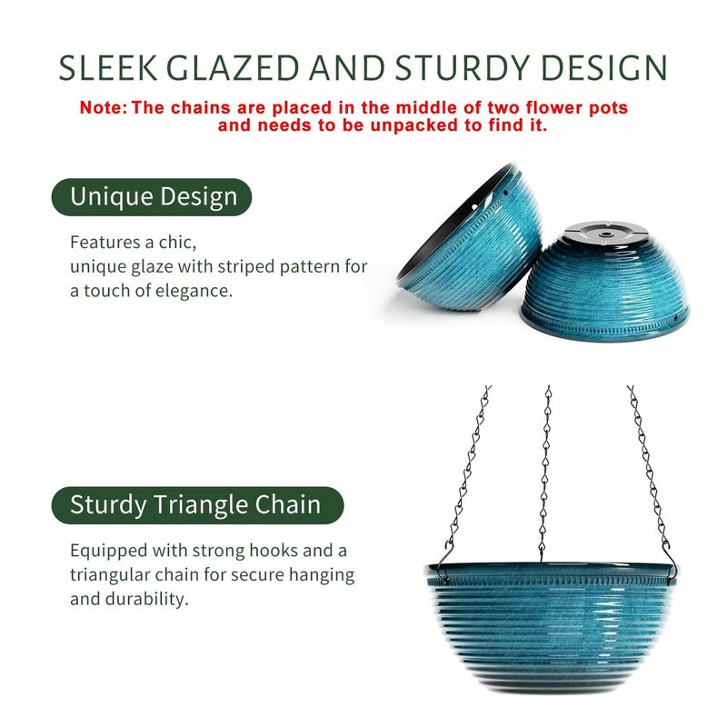 Vanslogreen 2 Pack Hanging Planters for Indoor Outdoor Plants, 10 Inch Hanging Planter with Drainage Hole & Plug Glazed Hanging Baskets Flower Pots for Garden Home (Blue) - Image 2