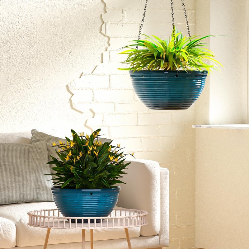 Vanslogreen 2 Pack Hanging Planters for Indoor Outdoor Plants, 10 Inch Hanging Planter with Drainage Hole & Plug Glazed Hanging Baskets Flower Pots for Garden Home (Blue) - Image 5