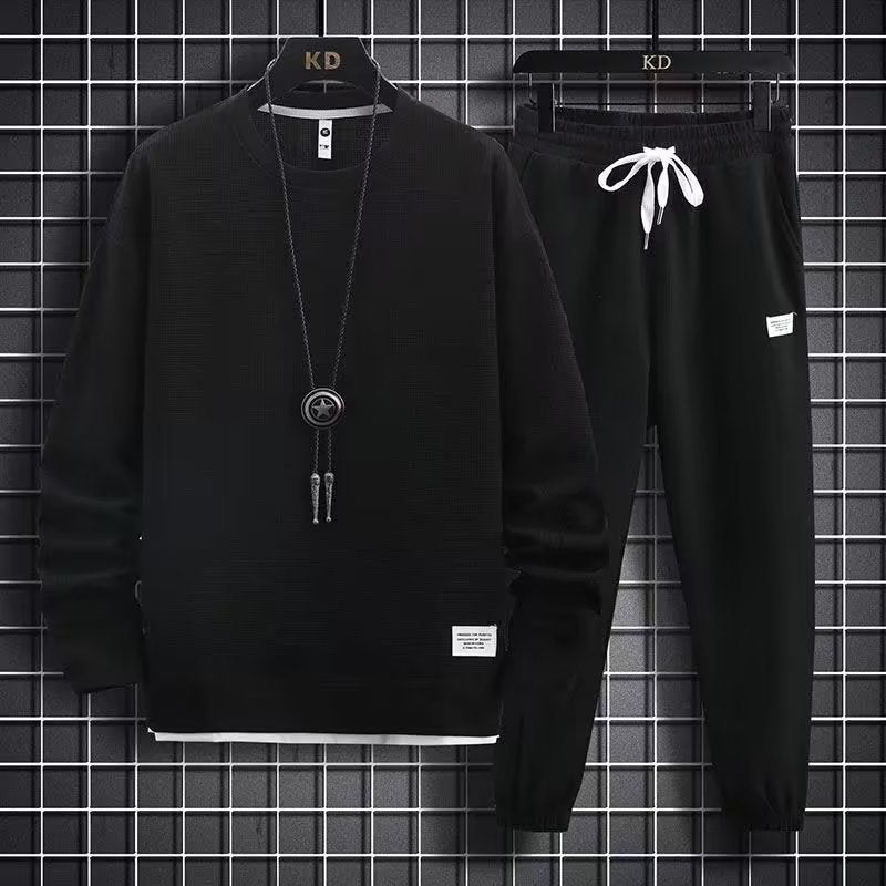 Waffle Long-Sleeved Suit Men'S Shirt Casual Set Clothes Spring Autumn Winter Fashionable Solid Color Loose Fake Two-Piece T-Shirt - Image 1