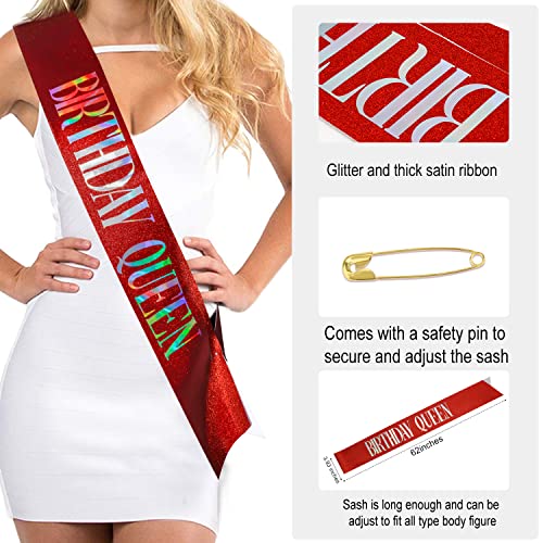 SuPoo Birthday Crown & Sash - Glitter Red Birthday Queen Crown with Comb & Tiara for Women - Crystal Headband Princess Decorations - Image 3