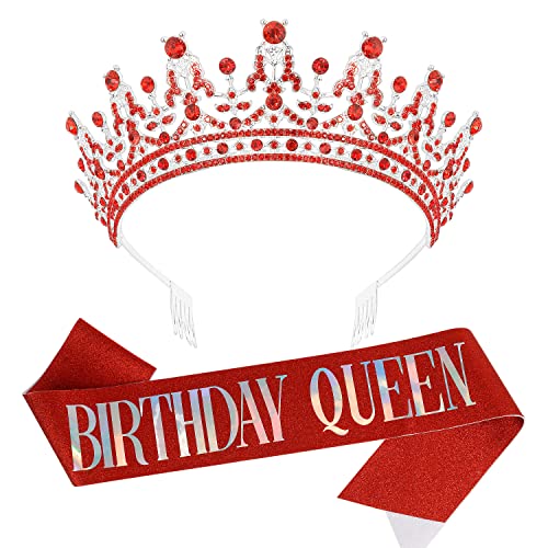 SuPoo Birthday Crown & Sash - Glitter Red Birthday Queen Crown with Comb & Tiara for Women - Crystal Headband Princess Decorations - Image 1