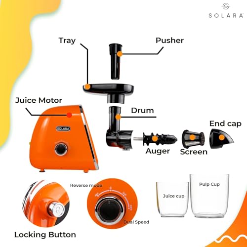 SOLARA Slow Juicer Cold Press Juicer, Easy Clean Cold Pressed Juice Extractor, Juicer for Fruits & Vegetables, 2 Speeds + Reverse Function Masticating Juicer, Recipes Incl, Orange - Image 2