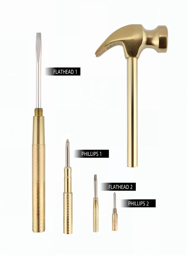Kinobo Multifunction Hammer 6 in 1 with Slotted/Flat Head Phillips Screwdriver Claw Hammer Manual, Portable Metal Mini Tool Hammer (Gold) - Image 3