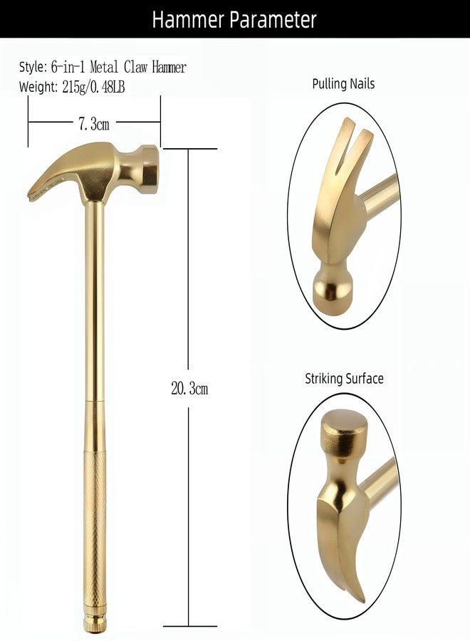 Kinobo Multifunction Hammer 6 in 1 with Slotted/Flat Head Phillips Screwdriver Claw Hammer Manual, Portable Metal Mini Tool Hammer (Gold) - Image 2