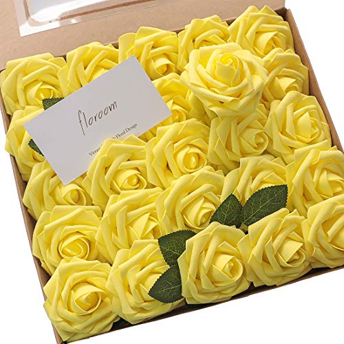Floroom Artificial Flowers 50pcs Real Looking Canary Yellow Foam Fake Roses with Stems for DIY Wedding Bouquets Bridal Shower Centerpieces Floral Arrangements Party Tables Home Decorations - Image 1