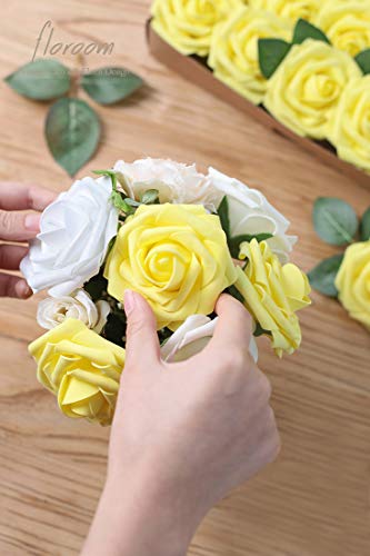 Floroom Artificial Flowers 50pcs Real Looking Canary Yellow Foam Fake Roses with Stems for DIY Wedding Bouquets Bridal Shower Centerpieces Floral Arrangements Party Tables Home Decorations - Image 4
