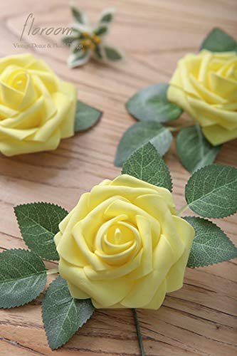 Floroom Artificial Flowers 50pcs Real Looking Canary Yellow Foam Fake Roses with Stems for DIY Wedding Bouquets Bridal Shower Centerpieces Floral Arrangements Party Tables Home Decorations - Image 5