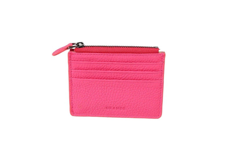 grande 3603 Genuine Leather Card Holder For Women and Men Slim Minimalist Small Zipper Wallet PINK - Image 2